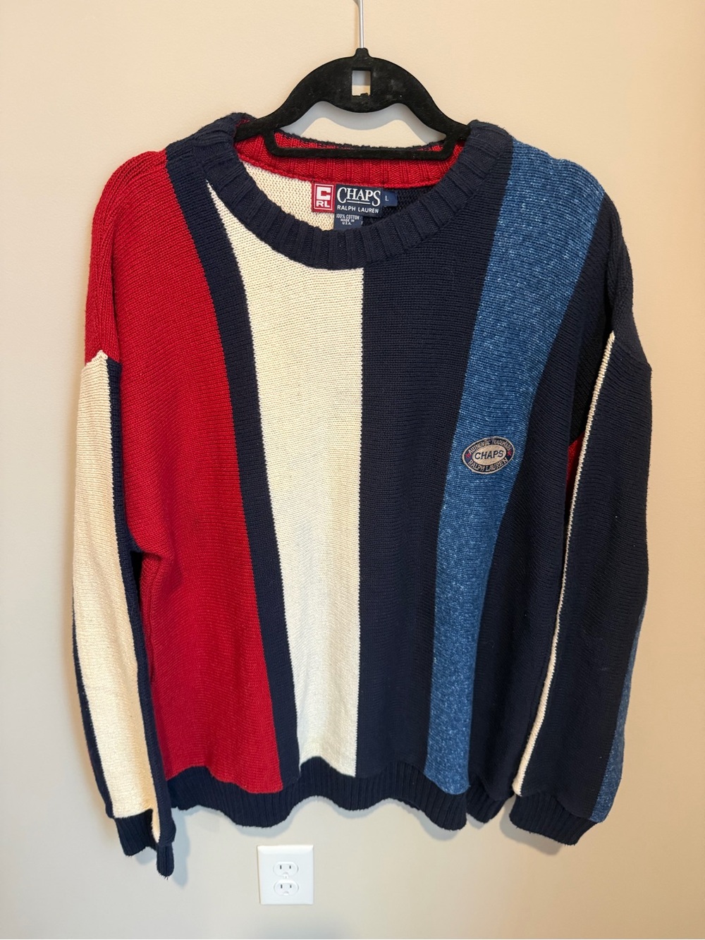 Vintage Ralph Lauren Chaps Knit Crewneck Sweater Mens  Large Colorblock Made USA